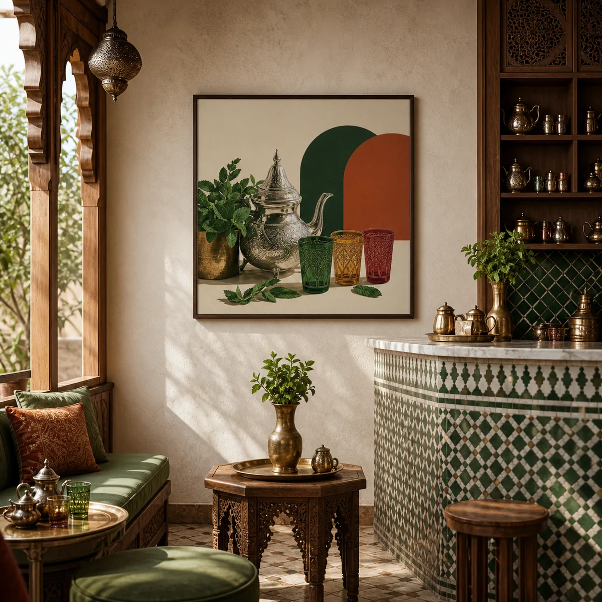 Thé à la menthe en situation dans un intérieur marocain contemporain.