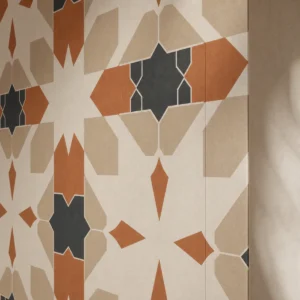 Vue détaillée de Zellige contemporain montrant la texture mate et le raccord du motif.