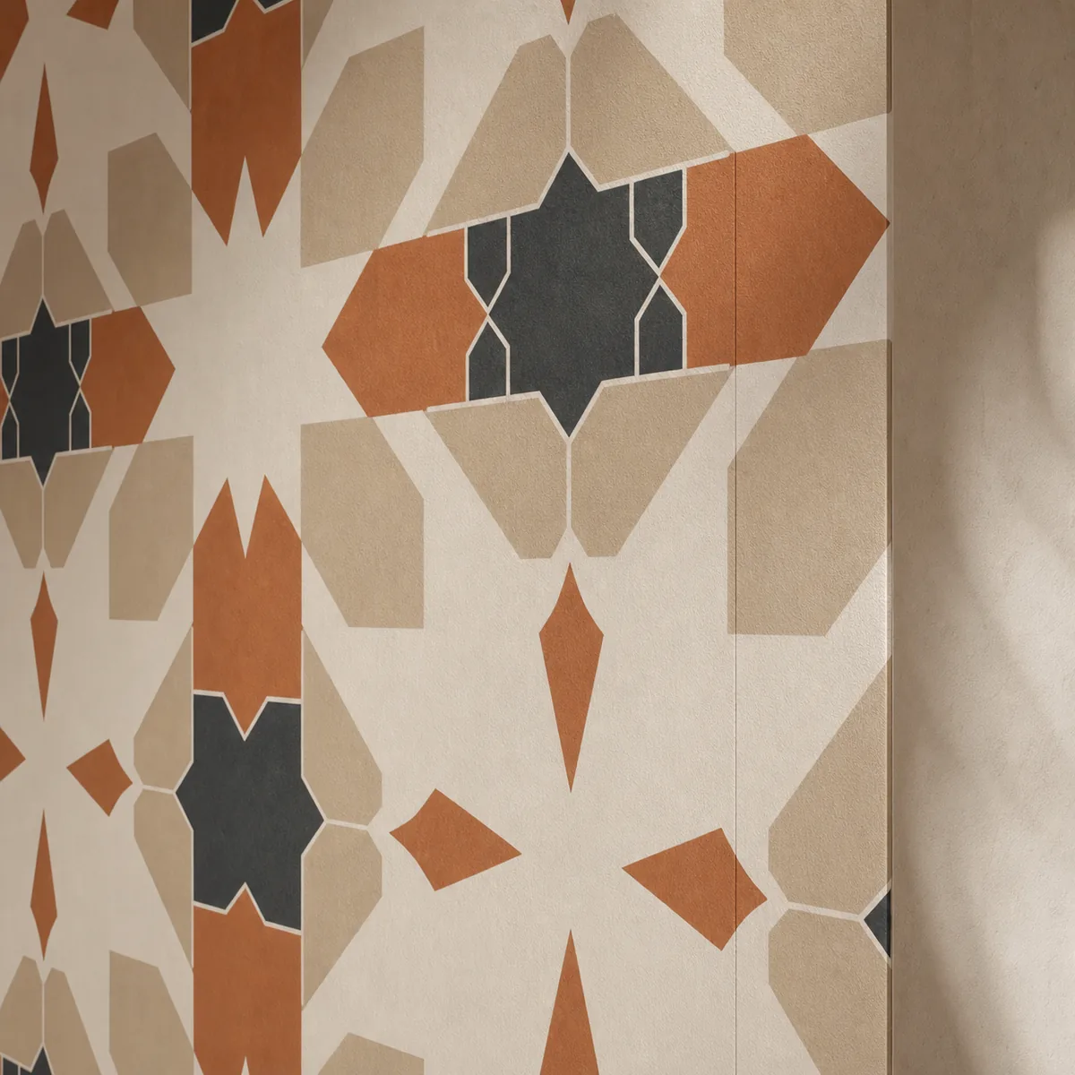 Vue détaillée de Zellige contemporain montrant la texture mate et le raccord du motif.
