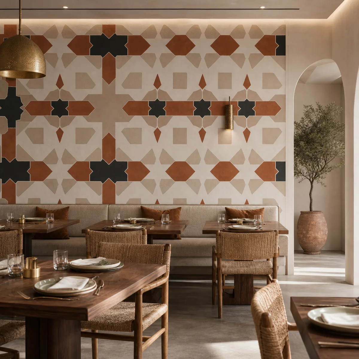 Zellige contemporain en situation dans un restaurant marocain contemporain.