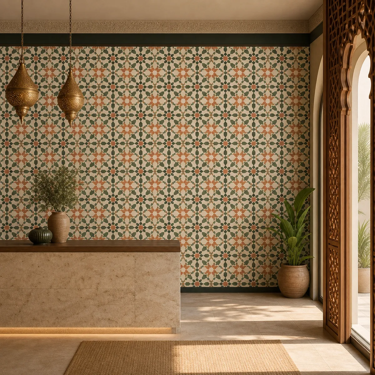 Zellige de Fès en situation dans un intérieur marocain contemporain.