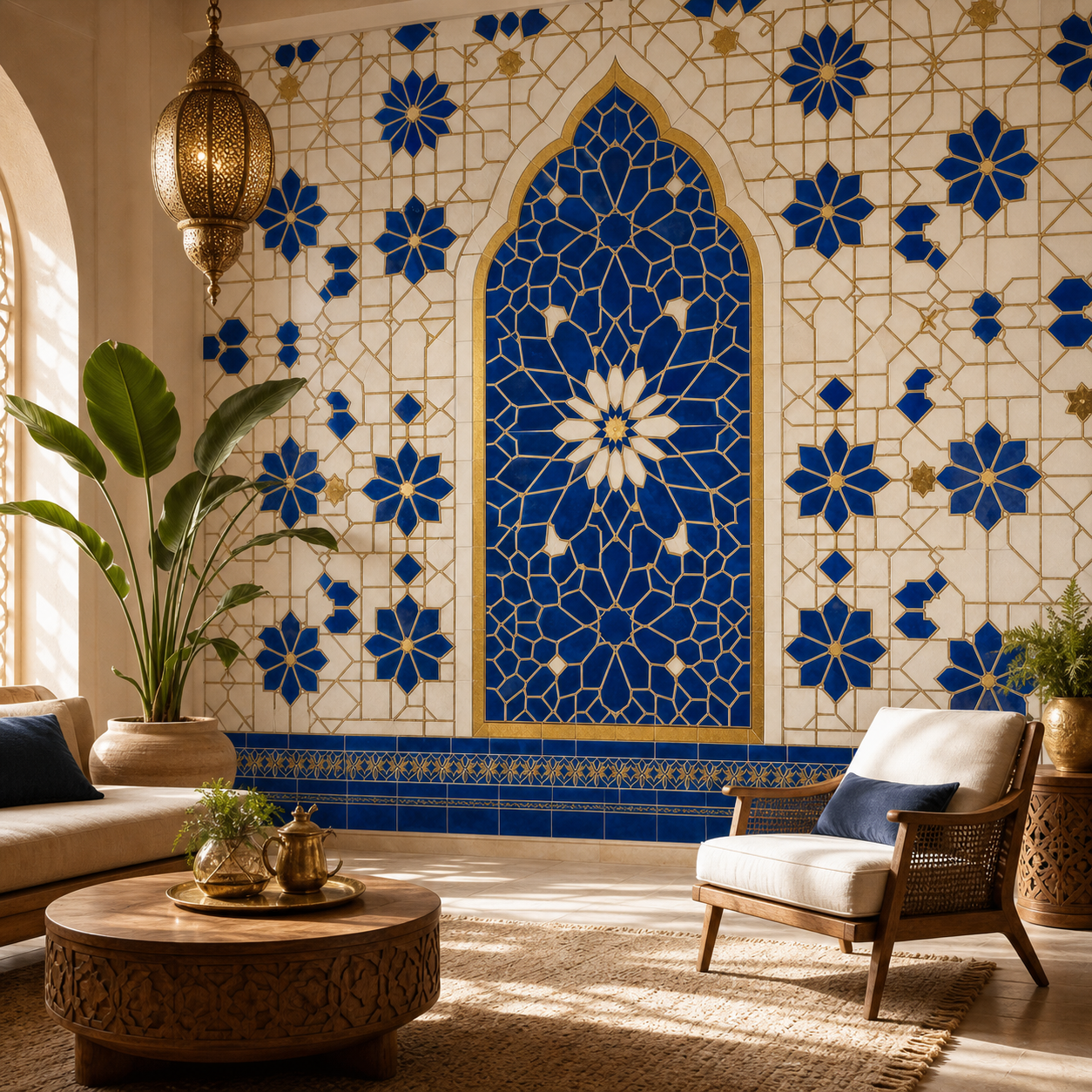 Zellige Majorelle XXL – papier peint installé dans un intérieur marocain